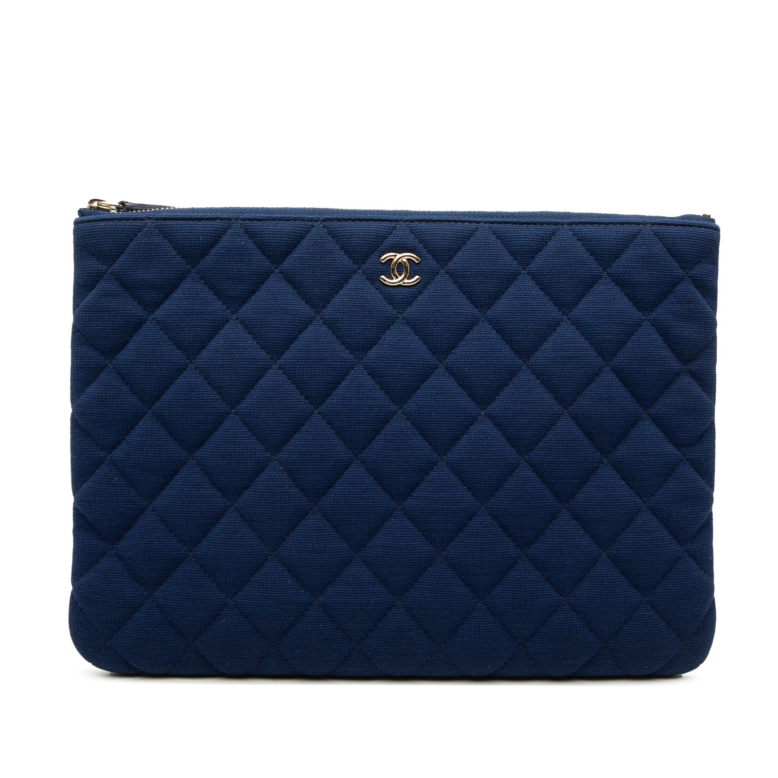 Blue Fabric Chanel Quilted O Case Medium Clutch Bag with Zip Closure: Blue Fabric Chanel Quilted O Case Medium Clutch Bag with Zip Closure This Chanel Medium Quilted Jersey O Case Clutch features a blue quilted jersey fabric body, a top zip closure, an exterior back sli