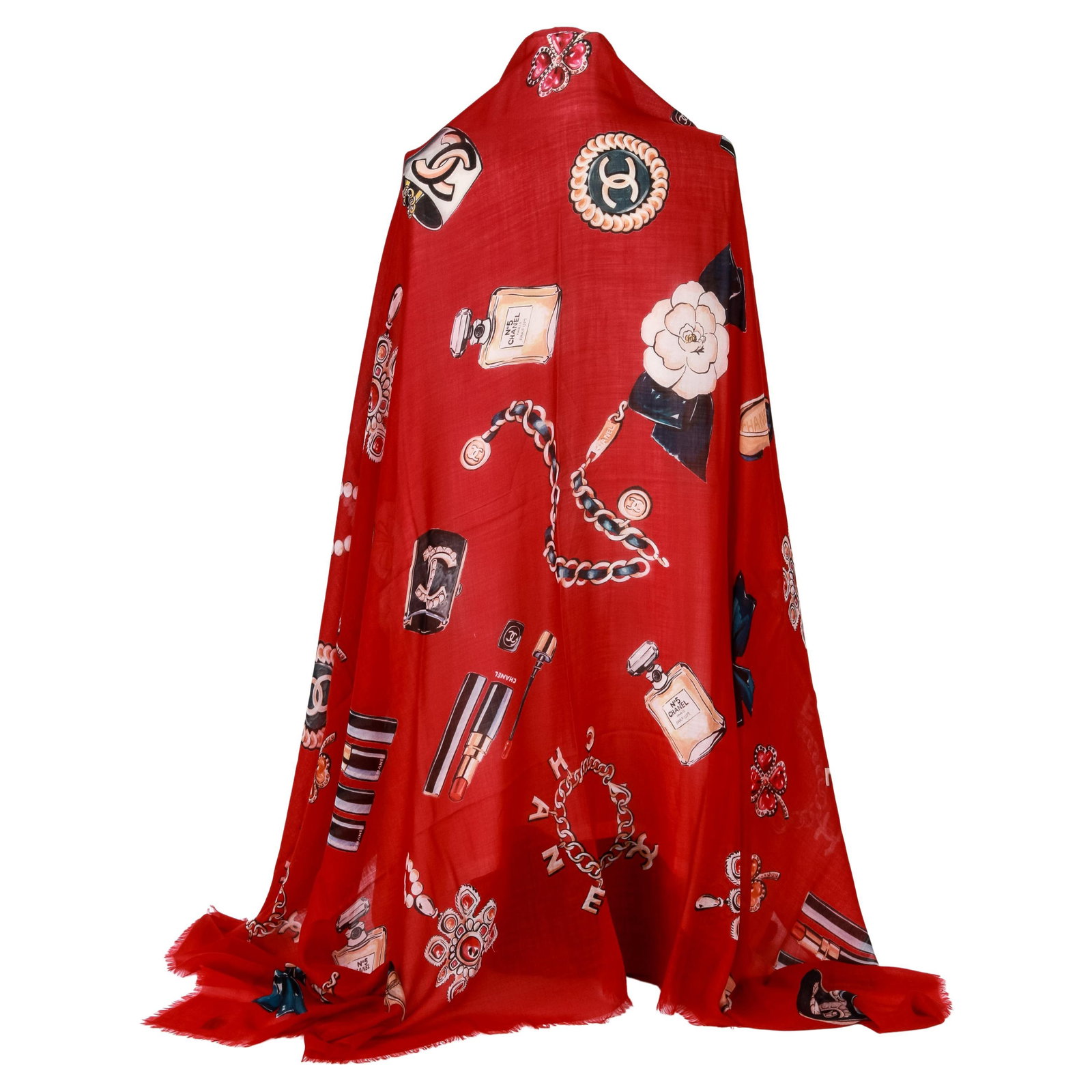 Chanel Red Cashmere Silk Gripoix Iconic Shawl 74 x 52: Chanel Red Cashmere Silk Gripoix Iconic Shawl 74 x 52 Elevate your wardrobe with this stunning Chanel Red Cashmere Silk Iconic Shawl. Crafted from a luxurious cashmere-silk blend, this shawl features 