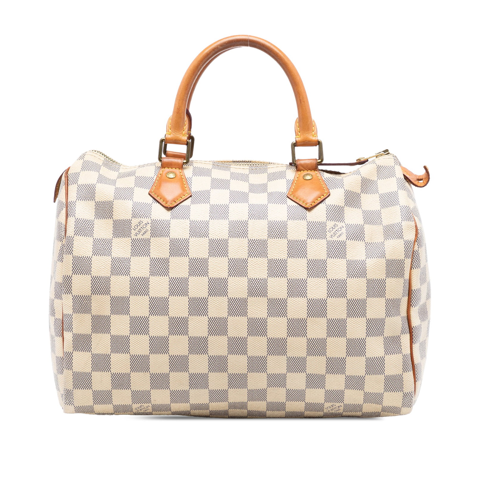 Louis Vuitton Speedy 30 Bag in Damier Azur Canvas with Vachetta Trim: Louis Vuitton Speedy 30 Bag in Damier Azur Canvas with Vachetta Trim This Louis Vuitton Damier Azur Speedy 30 features the iconic damier azur canvas with vachetta leather trim and rolled vachetta leat
