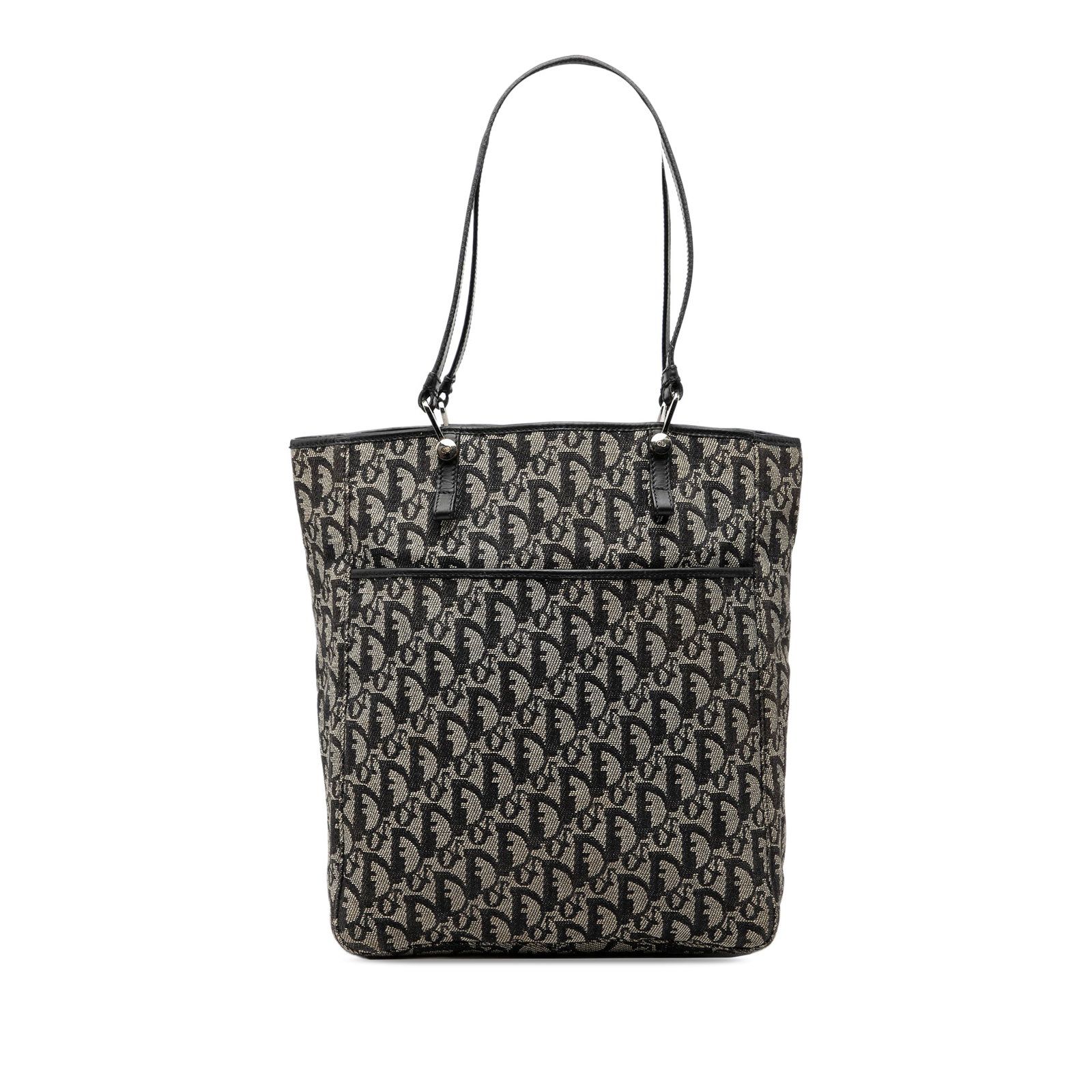 Dior Oblique Black Canvas Tote Bag with Leather Trim: Dior Oblique Black Canvas Tote Bag with Leather Trim This Dior Oblique Canvas Tote features a black canvas body with leather trim, flat leather straps, an open top, an exterior slip pocket, and an int