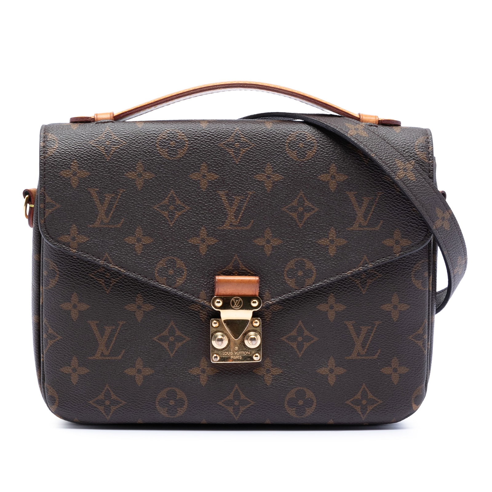 Louis Vuitton Pochette Metis Monogram Canvas Shoulder Bag with S-Lock: Louis Vuitton Pochette Metis Monogram Canvas Shoulder Bag with S-Lock This Louis Vuitton Monogram Pochette Metis features the signature monogram canvas, a flat vachetta leather top handle, and a detac