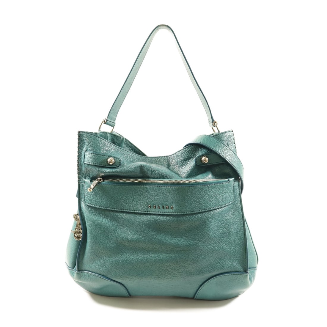 CELINE Green Calfskin 2Way Convertible Shoulder Bag for Women: CELINE Green Calfskin 2Way Convertible Shoulder Bag for Women This CELINE 2-way shoulder bag is crafted from green calfskin leather and offers versatile carrying options. Designed for women, it featur