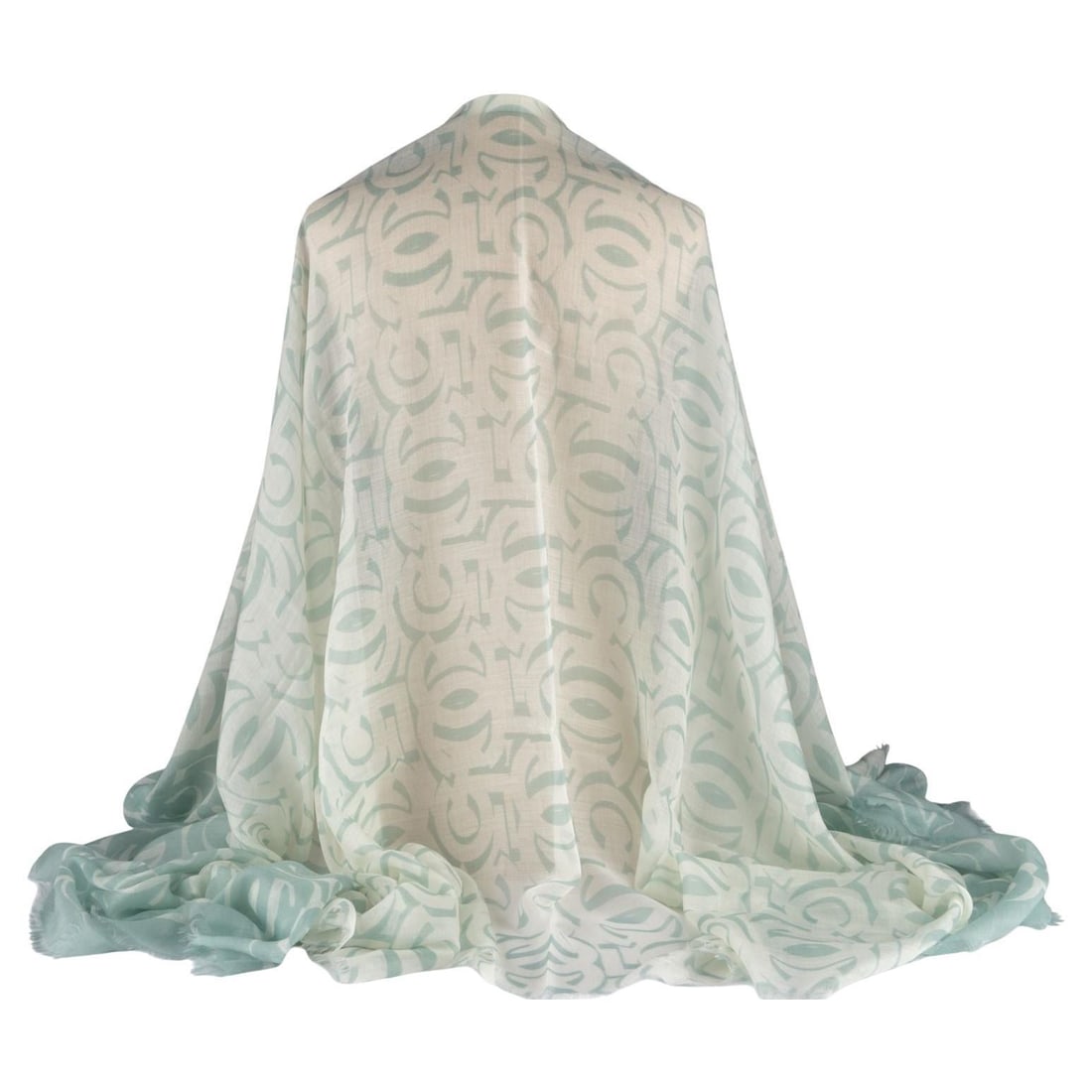Aqua Cashmere Shawl with Chanel Logo Print New in Box: Aqua Cashmere Shawl with Chanel Logo Print New in Box Chanel aqua and white shawl featuring a multi-logo design, crafted from cashmere. This un-used accessory is made in Italy and represents 21st-cent