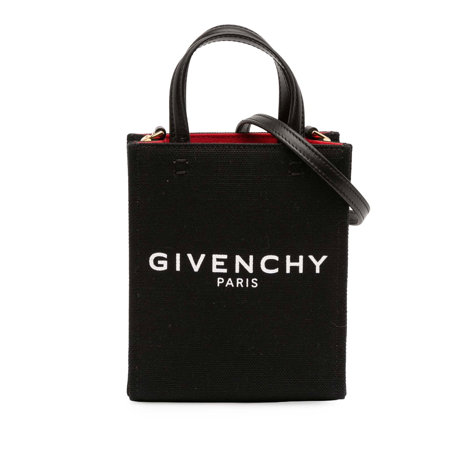 Mini Canvas G Tote Satchel by Givenchy with Leather Handles: Mini Canvas G Tote Satchel by Givenchy with Leather Handles This Givenchy Mini Canvas G Tote is crafted with a black canvas body and features flat leather handles, a detachable flat shoulder strap, an