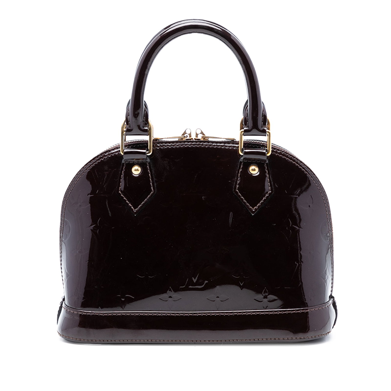 Purple Vernis Leather Alma BB Satchel by Louis Vuitton with Monogram Pattern: Purple Vernis Leather Alma BB Satchel by Louis Vuitton with Monogram Pattern This Louis Vuitton Monogram Vernis Alma BB features a monogram vernis leather body in purple, rolled leather handles, a top