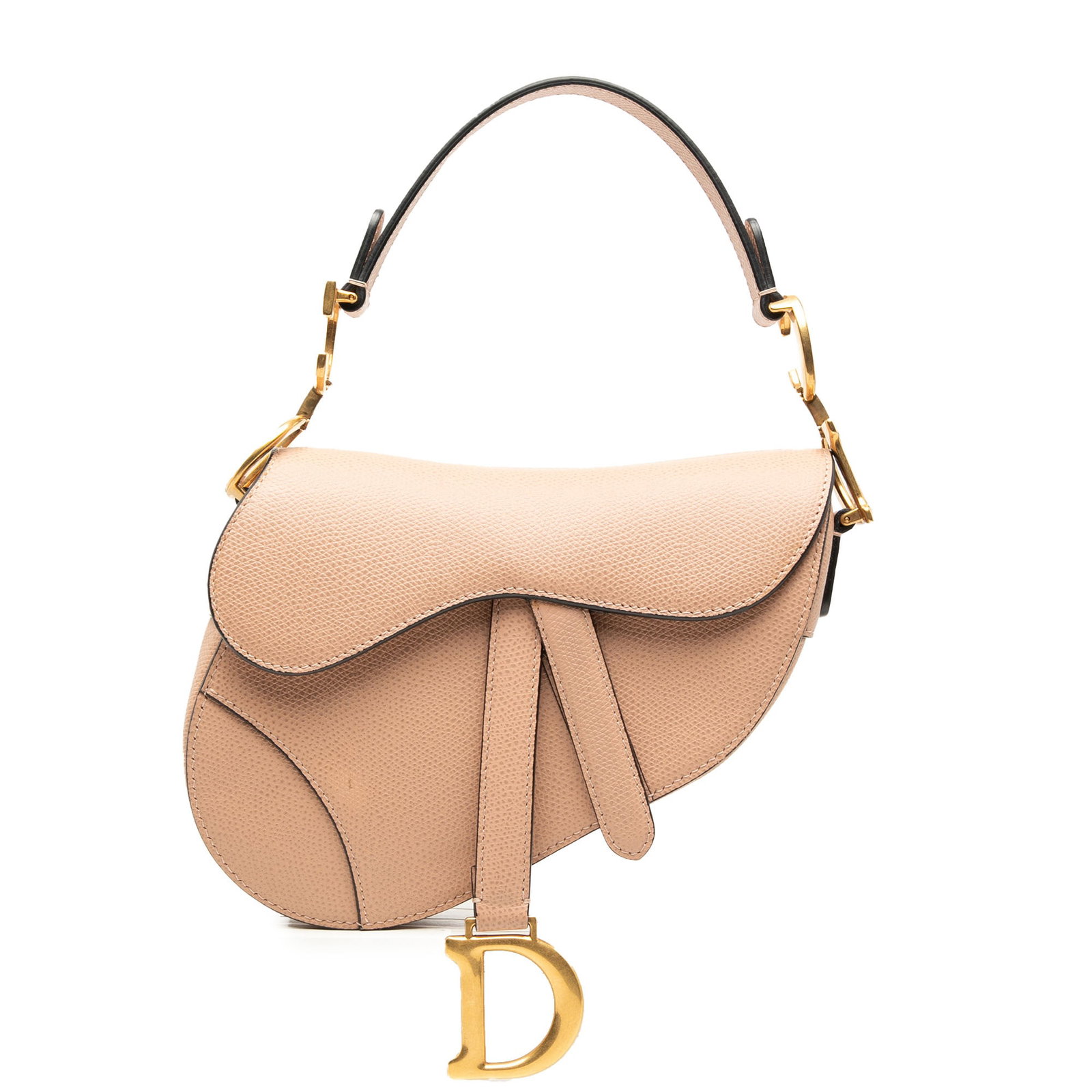 Beige Dior Mini Saddle Bag in Grained Calfskin Leather: Beige Dior Mini Saddle Bag in Grained Calfskin Leather This Dior Mini Grained Calfskin Saddle Bag features a grained leather exterior in beige, a flat leather handle, a front flap with magnetic closur
