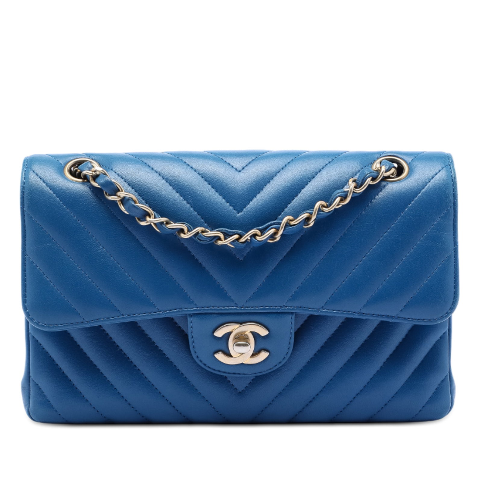 Chanel Chevron Quilted Lambskin Double Flap Small Shoulder Bag Blue: Chanel Chevron Quilted Lambskin Double Flap Small Shoulder Bag Blue This Chanel Small Classic Chevron Lambskin Double Flap shoulder bag features a chevron quilted leather body in blue, leather woven c
