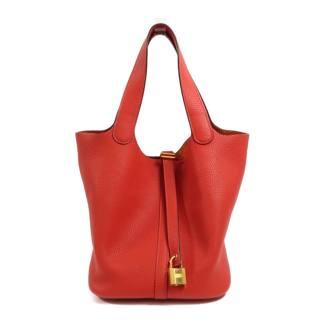 Hermes Picotin MM red calfskin tote bag GHW: Hermes Picotin MM red calfskin tote bag GHW This Hermes Picotin MM tote bag is crafted from Taurillon Clemence calfskin leather in a striking red hue. Designed for women, it features a spacious interi