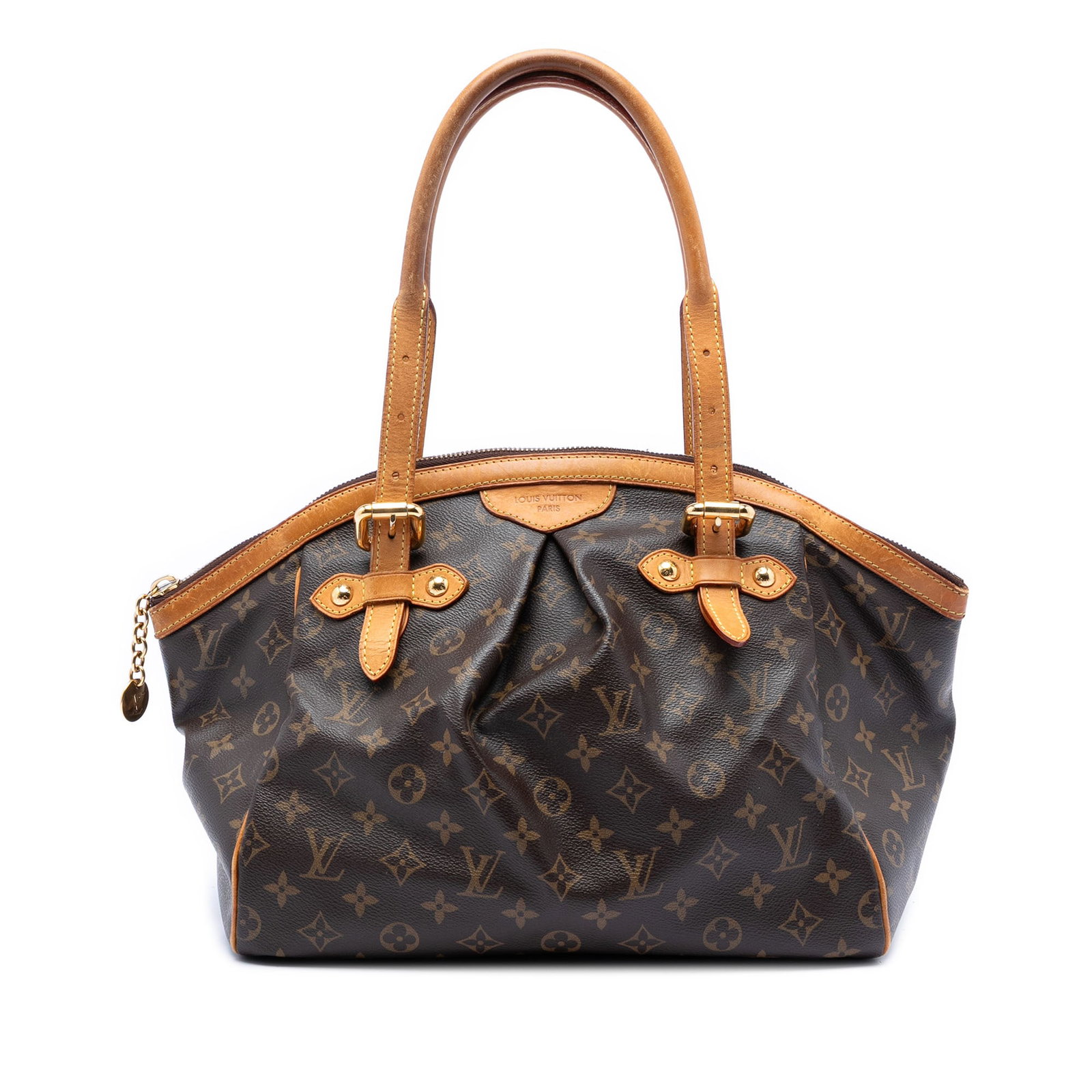 Louis Vuitton Tivoli GM Brown Monogram Canvas Shoulder Bag with Leather Trim: Louis Vuitton Tivoli GM Brown Monogram Canvas Shoulder Bag with Leather Trim The Louis Vuitton Monogram Tivoli GM is crafted from signature monogram canvas with vachetta leather trim and rolled vachet