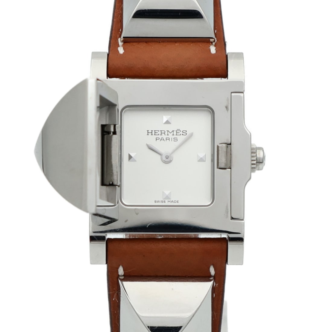 Medor ME3.210 Stainless Steel Quartz Wristwatch with Leather Band by Hermes: Medor ME3.210 Stainless Steel Quartz Wristwatch with Leather Band by Hermes This Hermes Medor ME3.210 wristwatch features a stainless steel case paired with a white dial and a stainless steel band. Po