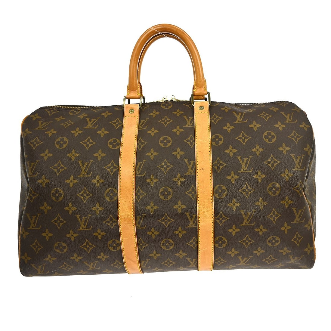 Louis Vuitton Keepall Monogram Brown Canvas Travel Bag 45cm: Louis Vuitton Keepall Monogram Brown Canvas Travel Bag 45cm This Louis Vuitton Keepall bag features the iconic monogram canvas in brown and is designed for female use. The bag shows signs of use inclu