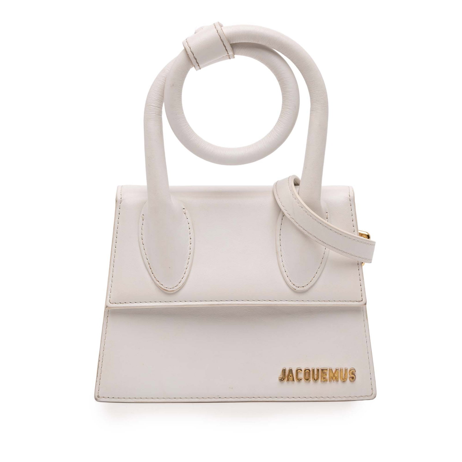 Jacquemus Le Chiquito Noeud White Leather Bag with Shoulder Strap: Jacquemus Le Chiquito Noeud White Leather Bag with Shoulder Strap The Jacquemus Le Chiquito Noeud is a stylish handbag crafted from premium leather, showcasing a chic white color. This bag features a 