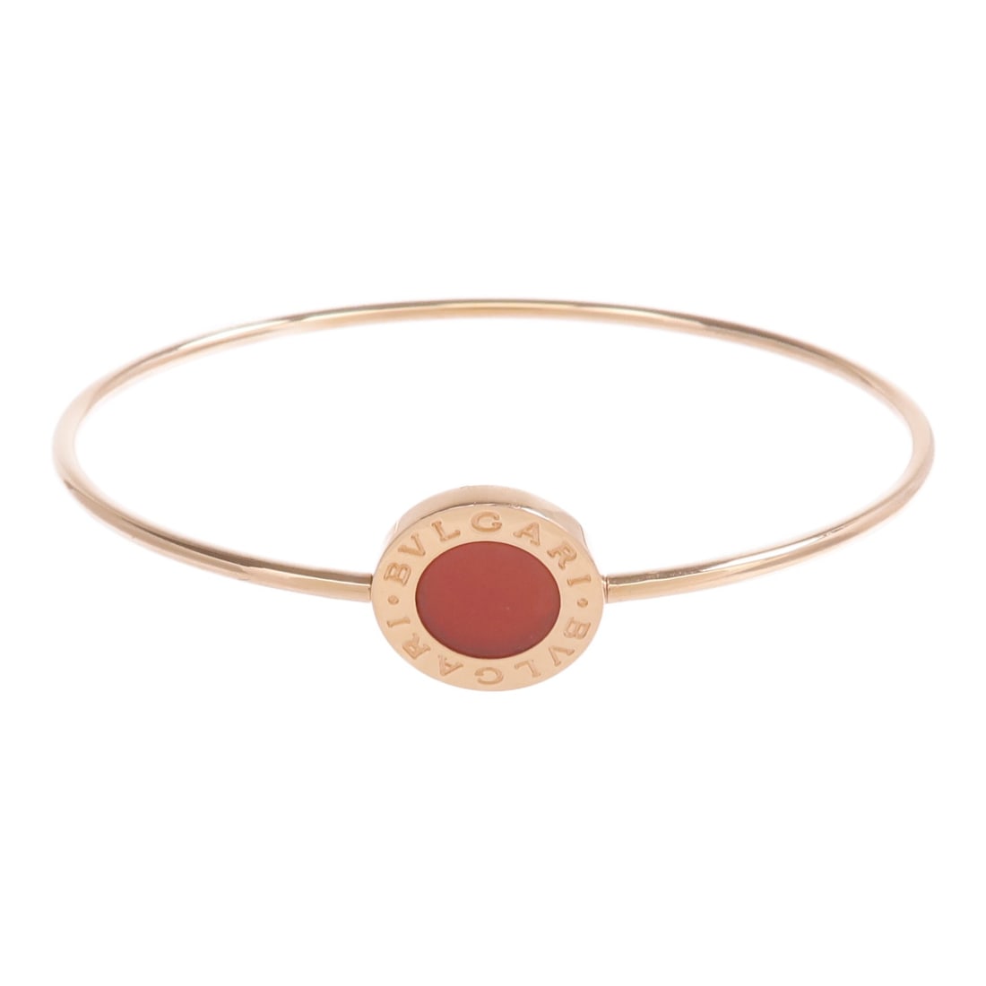 BVLGARI Carnelian 18K Rose Gold Bracelet BR858697: BVLGARI Carnelian 18K Rose Gold Bracelet BR858697 This BVLGARI Bvlgari Bvlgari bracelet features an elegant design crafted in 18K pink (rose) gold and is adorned with a striking carnelian stone. The b