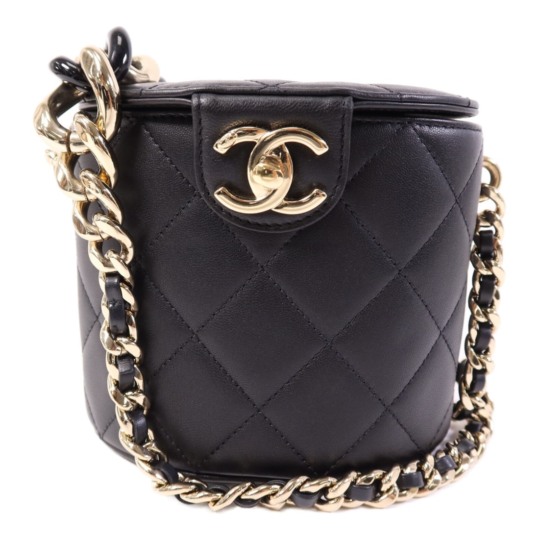 Black Lambskin Vanity Case Shoulder Bag by CHANEL CC with Gold Hardware: Black Lambskin Vanity Case Shoulder Bag by CHANEL CC with Gold Hardware This CHANEL CC Vanity Case Shoulder Bag features luxurious black lambskin leather and a compact, structured design. Crafted in F