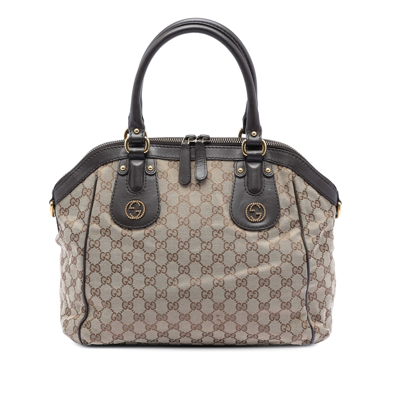 Beige GG Canvas Scarlett Satchel by Gucci with Leather Trim: Beige GG Canvas Scarlett Satchel by Gucci with Leather Trim This Gucci Medium GG Canvas Scarlett Satchel features a canvas body with leather trim, rolled leather handles, a top zip closure, and interi