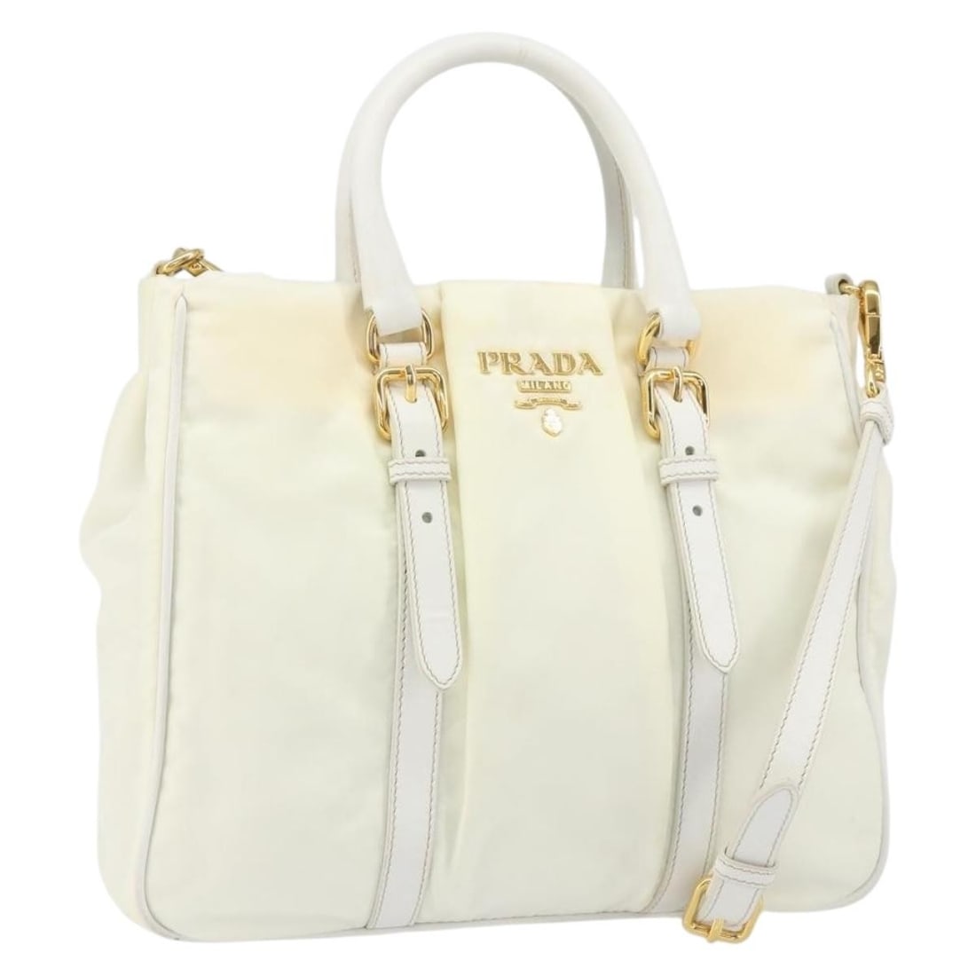 White Prada Tessuto Nylon Tote with Leather Trim Vintage Handbag 25cm: White Prada Tessuto Nylon Tote with Leather Trim Vintage Handbag 25cm This Prada Vintage Tote features a white nylon exterior with leather accents. Designed for women, the bag is made in Italy and sho