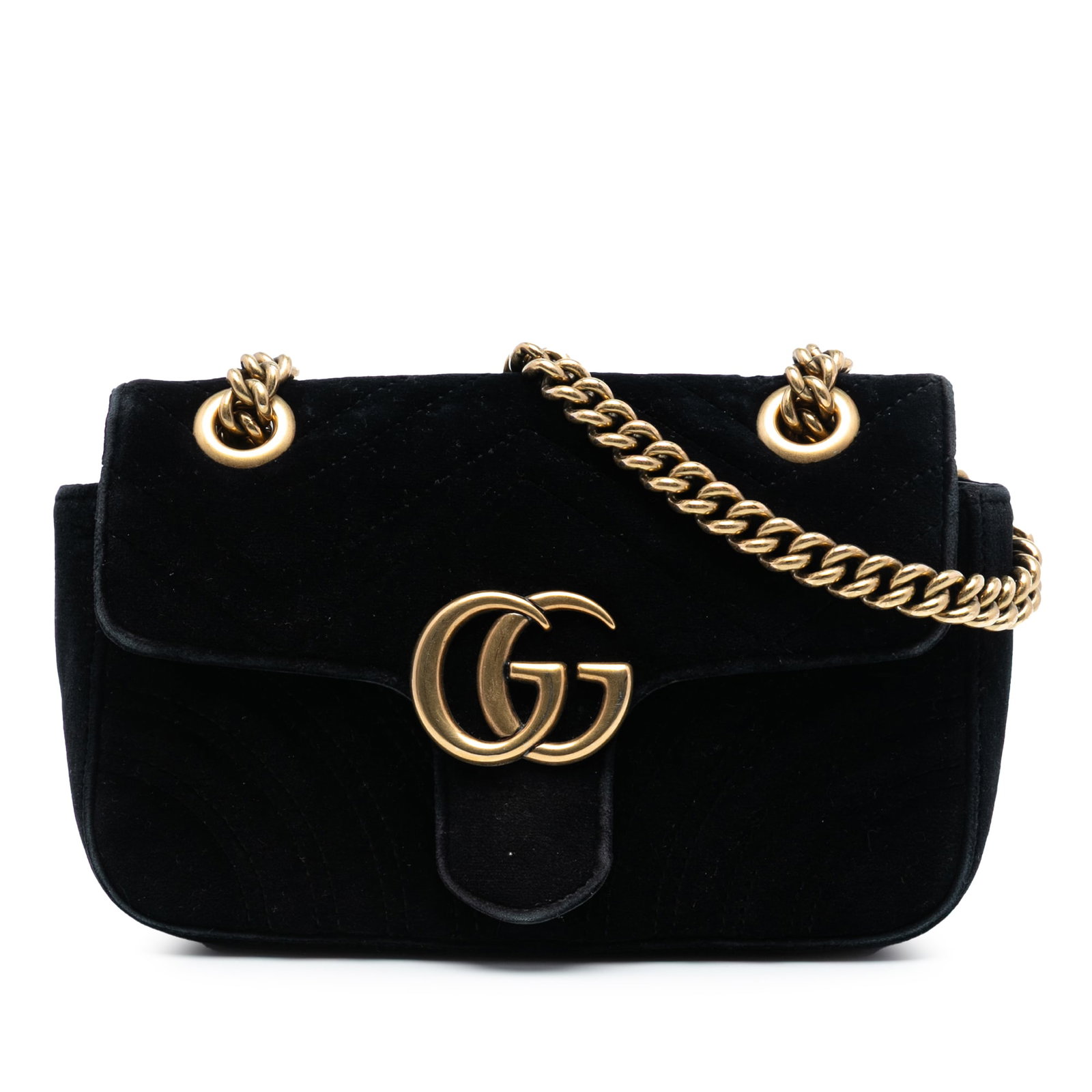Gucci GG Marmont Black Velvet Quilted Small Shoulder Bag: Gucci GG Marmont Black Velvet Quilted Small Shoulder Bag This shoulder bag from Gucci features a quilted velvet design and a curb chain strap. It has a front flap with a magnetic snap closure and incl
