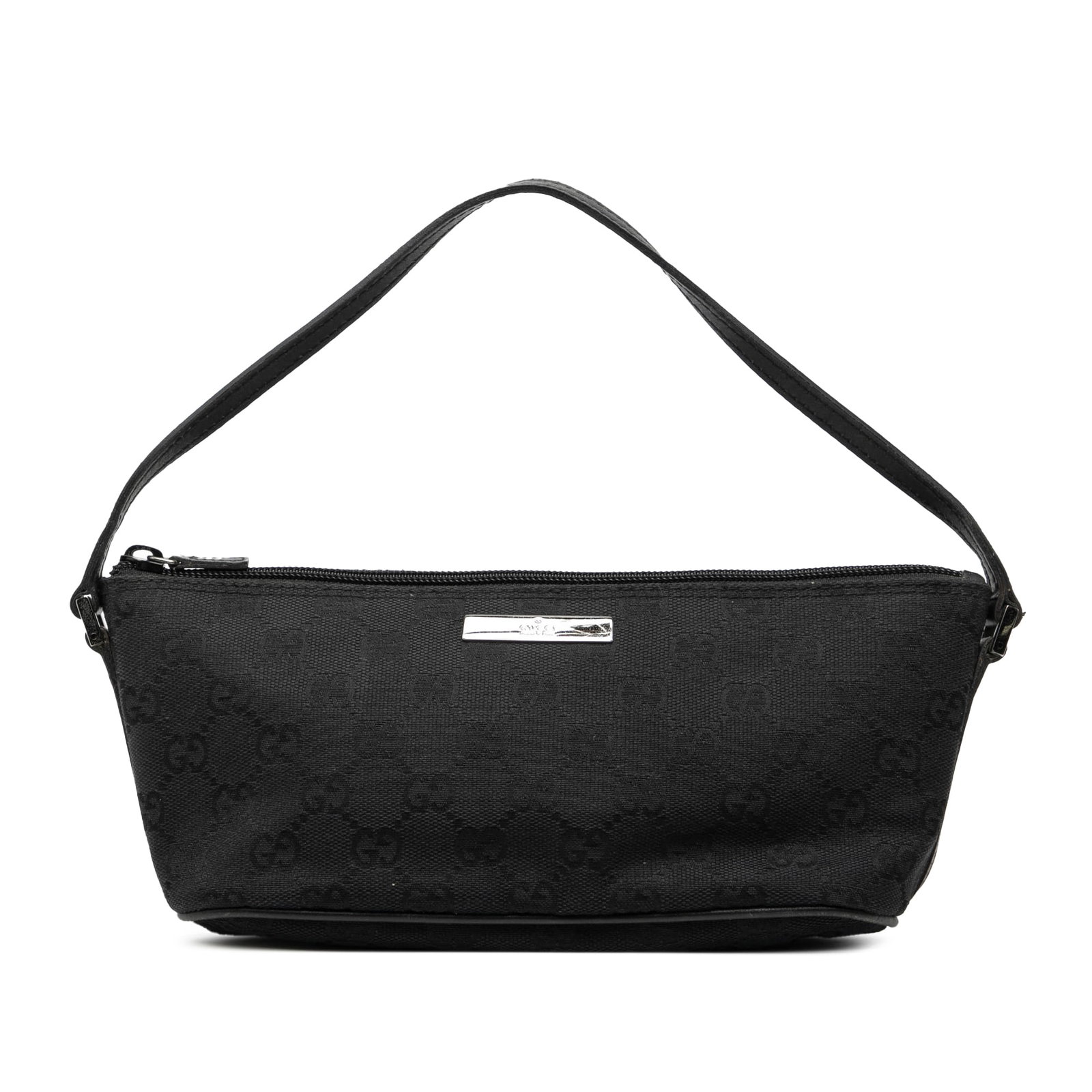 GG Canvas Boat Shoulder Bag with Leather Trim by Gucci: GG Canvas Boat Shoulder Bag with Leather Trim by Gucci This Gucci GG Canvas Boat shoulder bag features a canvas body with leather trim, a flat leather strap, and a top zip closure. The bag is black an