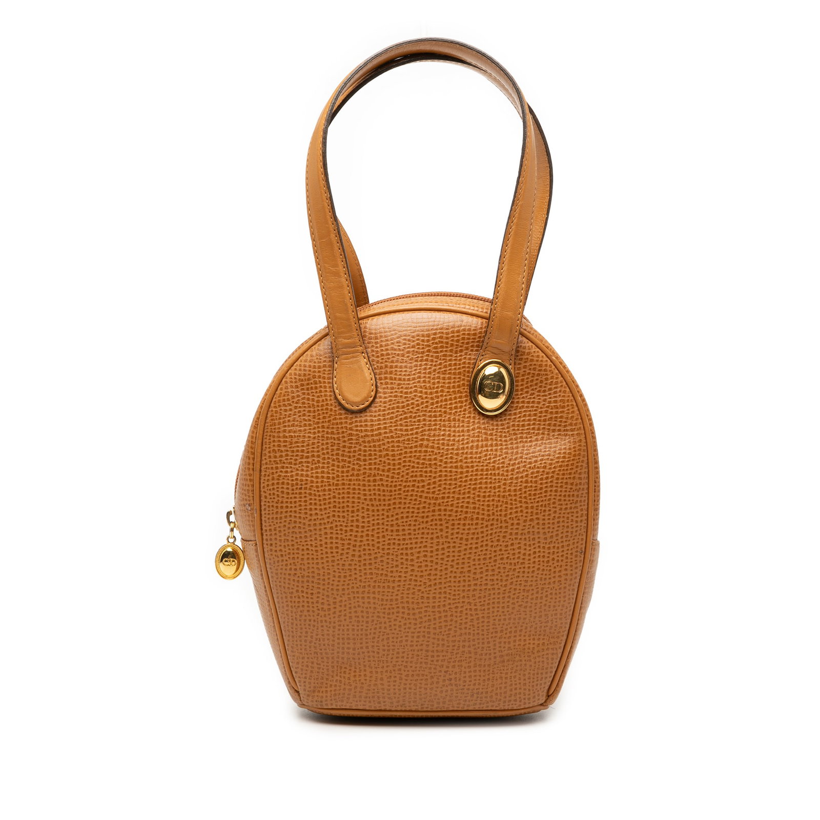 Brown Leather Handbag with CD Logo by Dior France: Brown Leather Handbag with CD Logo by Dior France This Dior handbag features a brown leather body with flat leather handles, a zip-around closure, and an interior zip pocket. The bag displays visible 