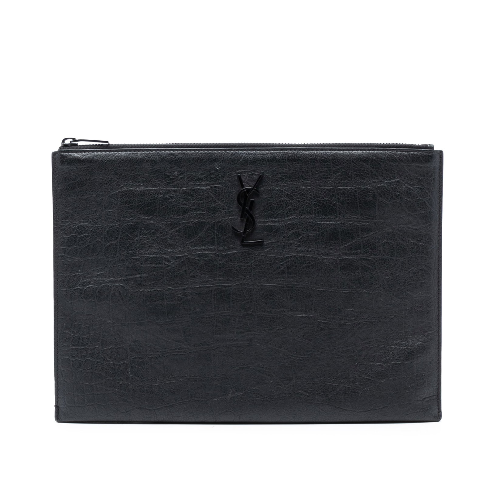 Black Leather Croc Embossed Monogram Clutch by Saint Laurent: Black Leather Croc Embossed Monogram Clutch by Saint Laurent This Saint Laurent clutch features a croc-embossed leather exterior in black, complemented by a top zip closure and interior slip pockets. 