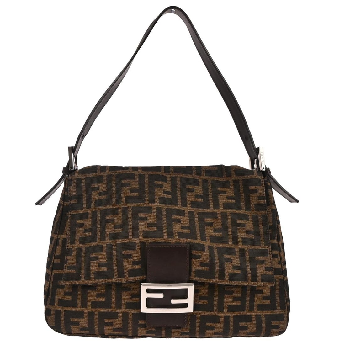 Fendi Zucca Canvas Mamma Baguette Shoulder Bag Brown Medium: Fendi Zucca Canvas Mamma Baguette Shoulder Bag Brown Medium This Fendi Mamma Baguette handbag features the classic brown Zucca canvas pattern and a medium-sized silhouette. The bag has a magnetic clos