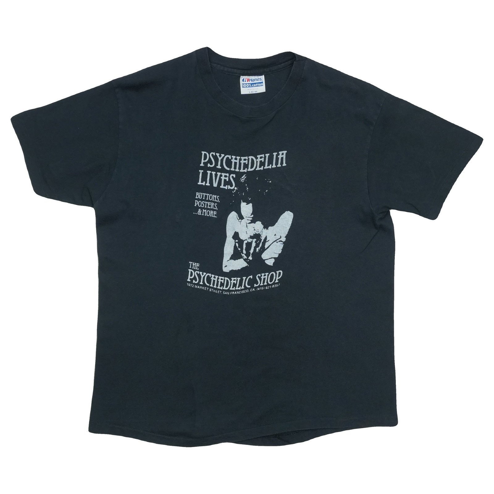 Vintage Black Cotton The Psychedelic Shop 1980s T-Shirt Large: Vintage Black Cotton The Psychedelic Shop 1980s T-Shirt Large This is an original vintage 1980s The Psychedelic Shop shirt. It is not a modern reproduction and features no back graphics. The shirt is 
