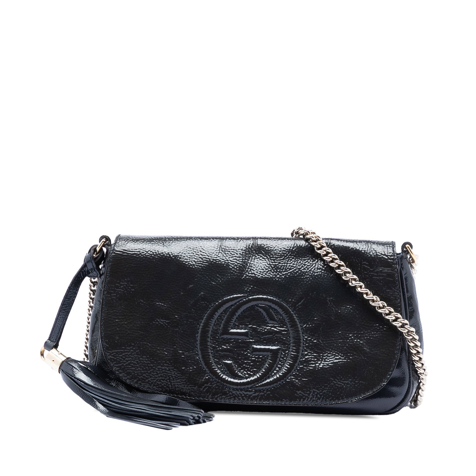 Blue Patent Leather Soho Flap Chain Crossbody by Gucci Medium Size: Blue Patent Leather Soho Flap Chain Crossbody by Gucci Medium Size This Gucci Medium Patent Soho Chain Flap Crossbody showcases a blue patent leather exterior with a chain link shoulder strap and a fr