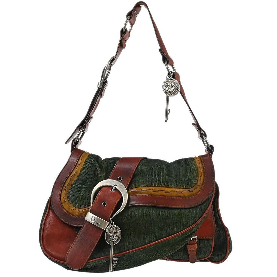 Dior Gaucho Medium Saddle Bag Green and Brown Denim Leather Italy (1 of 18)