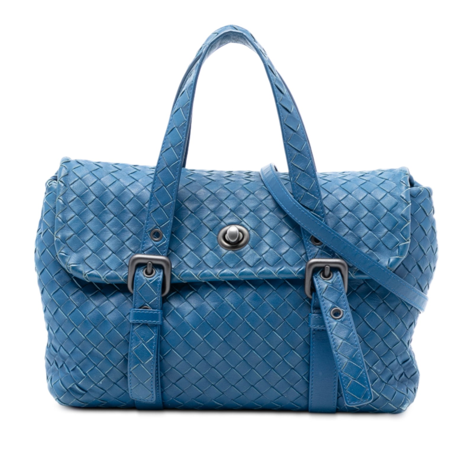 Blue Leather Satchel by Bottega Veneta Nappa Intrecciato Flap: Blue Leather Satchel by Bottega Veneta Nappa Intrecciato Flap This satchel showcases Bottega Veneta's signature woven leather design, featuring adjustable flat leather handles, a detachable strap, a f