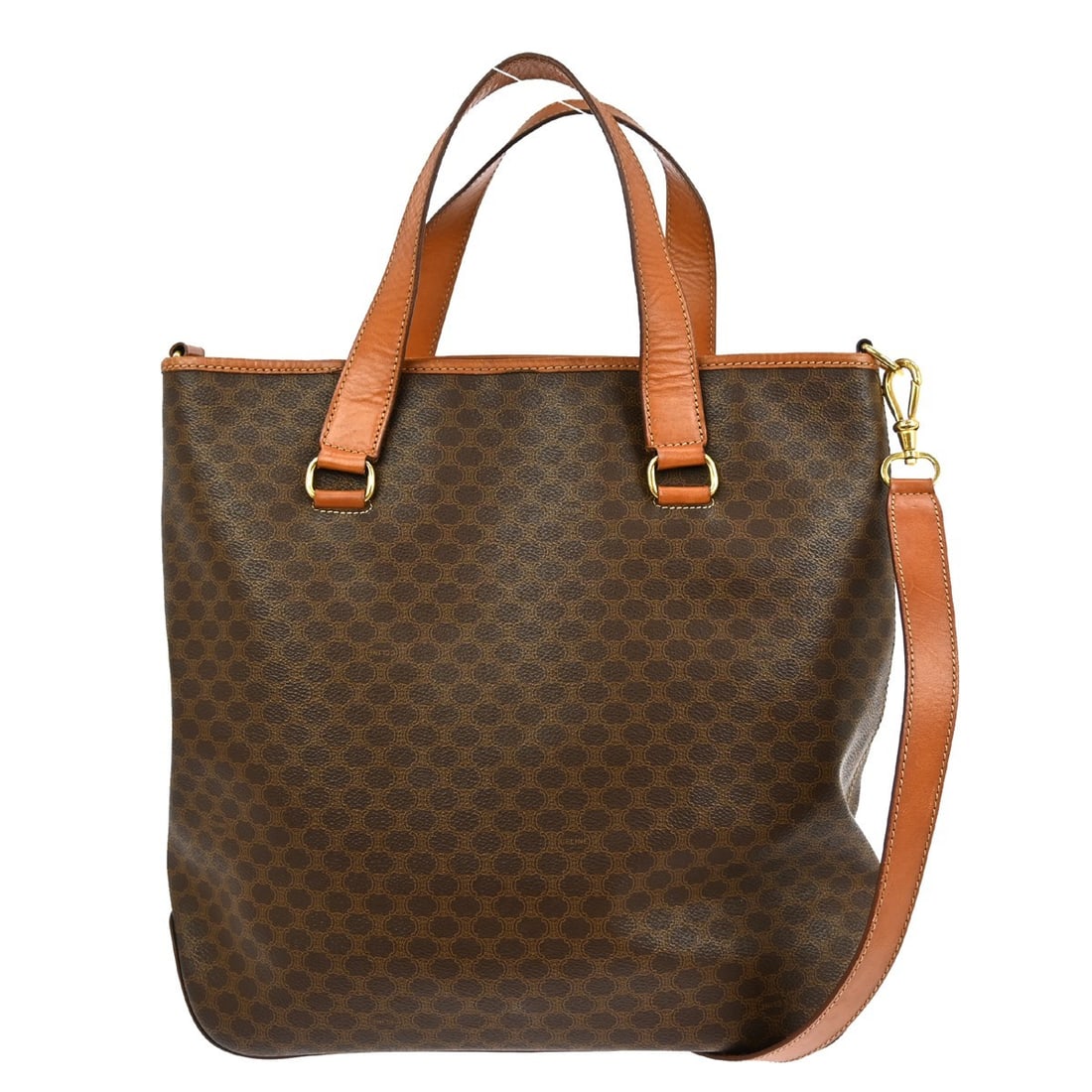 Celine Macadam Brown PVC Leather Two-Way Top Handle Bag: Celine Macadam Brown PVC Leather Two-Way Top Handle Bag This Celine Macadam 2-way handbag features the signature brown Macadam pattern and is crafted from PVC leather. It offers versatile carrying opt