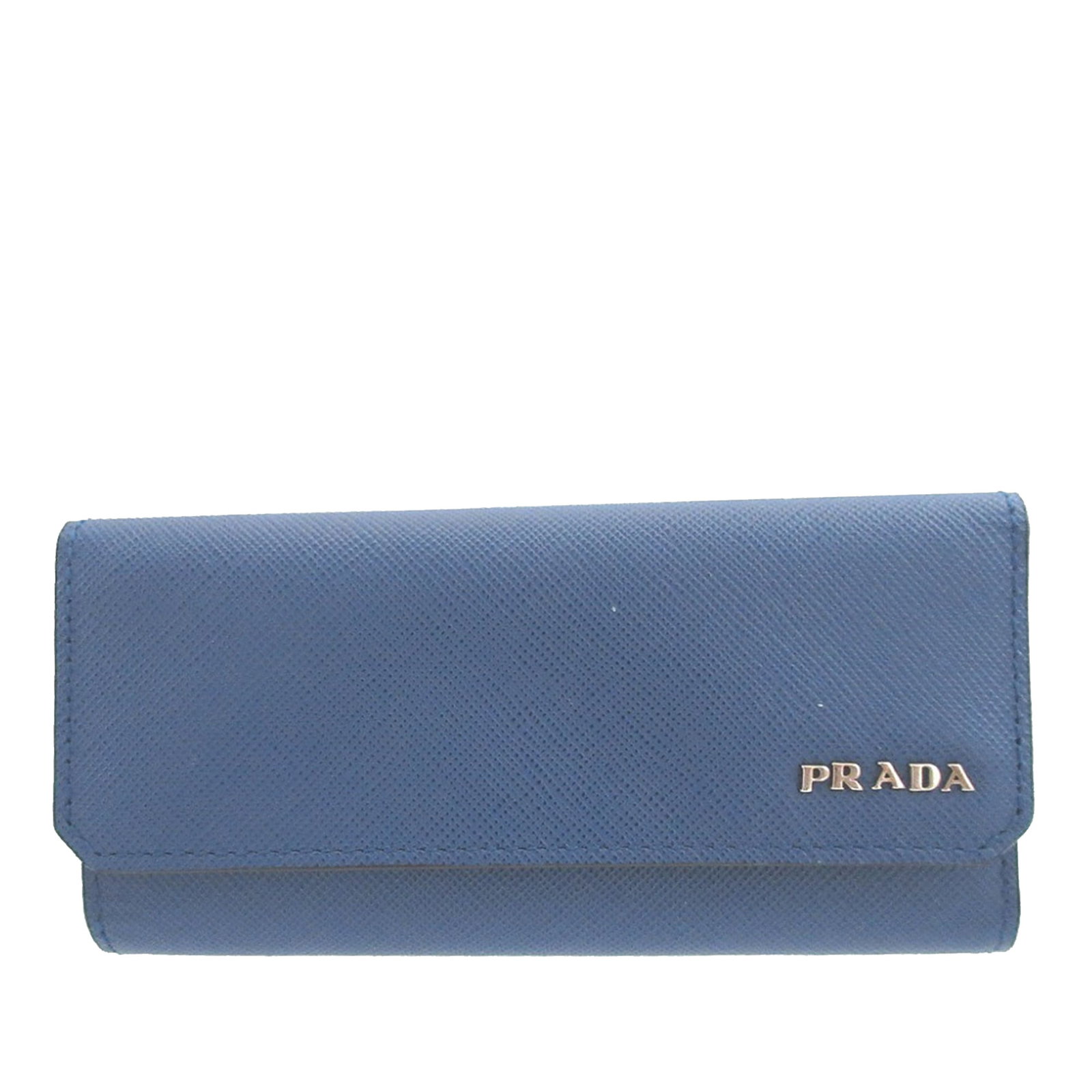 Blue Leather Key Case with Metal Holders by Prada Saffiano: Blue Leather Key Case with Metal Holders by Prada Saffiano This Prada Saffiano key holder features a blue leather body with snap button closures and metal key holders. The key case is designed for sma