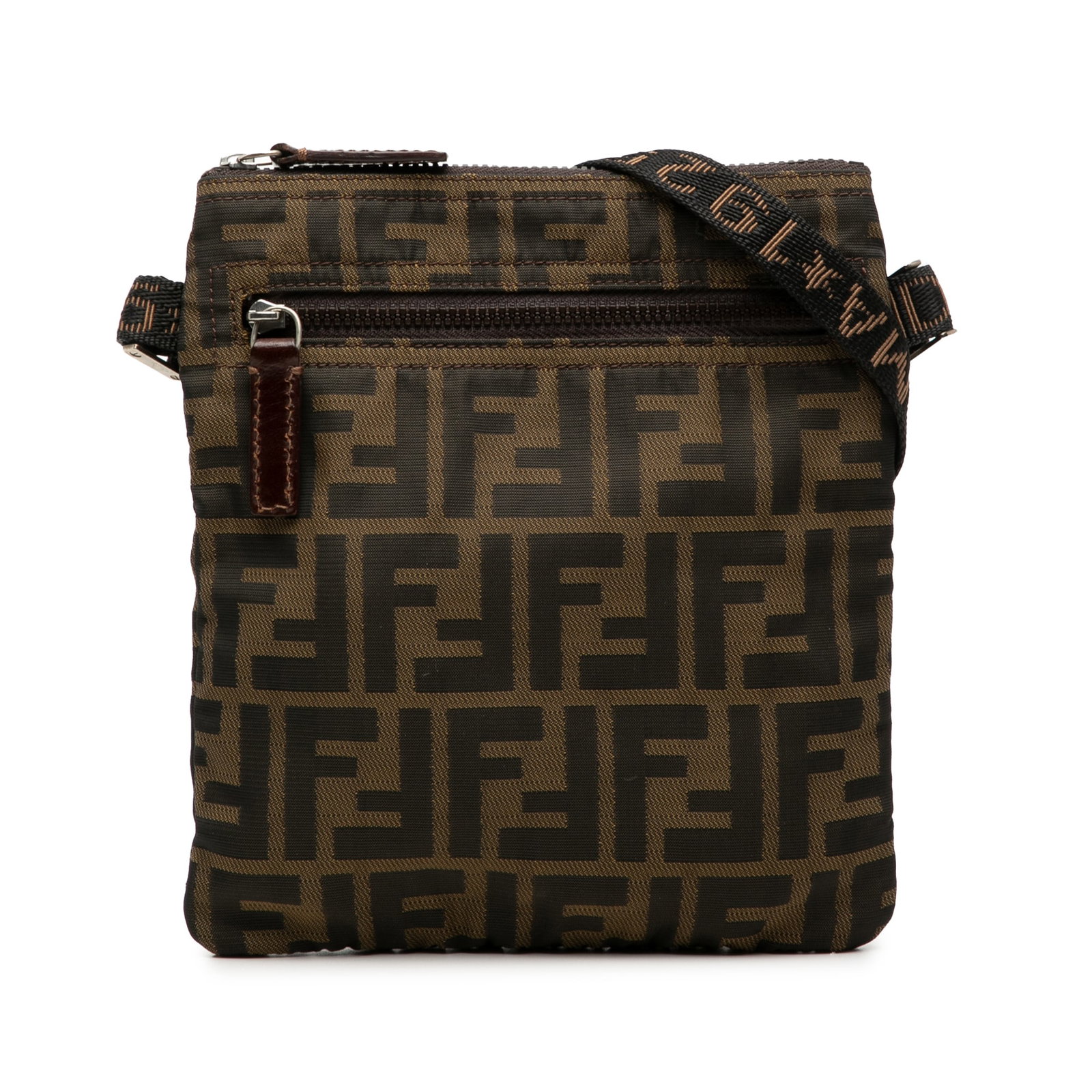 Fendi Zucca Canvas Adjustable Strap Brown Crossbody Bag: Fendi Zucca Canvas Adjustable Strap Brown Crossbody Bag The Fendi Zucca Canvas Crossbody is crafted with a brown fabric body and features an adjustable flat shoulder strap, a top zip closure, and a fr