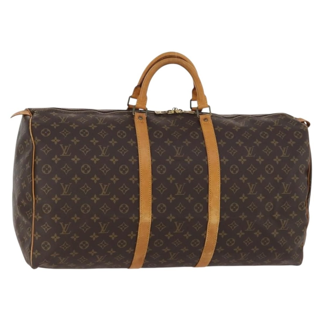 Louis Vuitton Monogram Keepall Canvas Travel Bag 60cm Brown France: Louis Vuitton Monogram Keepall Canvas Travel Bag 60cm Brown France This Louis Vuitton Keepall Bag features the iconic monogram canvas in brown, designed for female use. The bag shows signs of use, inc