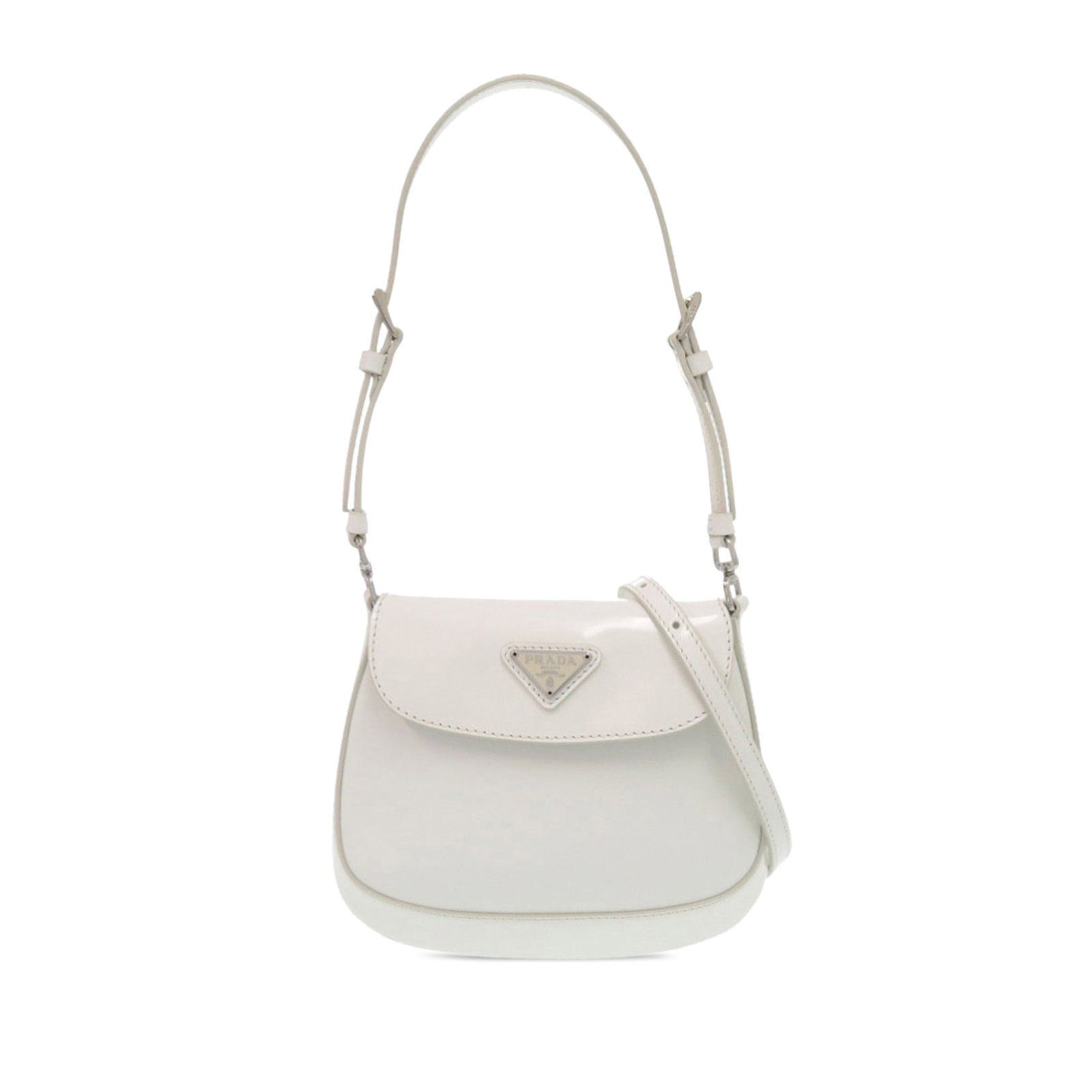 Prada Cleo Mini White Leather Crossbody Bag with Adjustable Strap: Prada Cleo Mini White Leather Crossbody Bag with Adjustable Strap This Prada Mini Brushed Leather Cleo Bag is crafted from white leather and features a compact crossbody design. It includes an adjusta