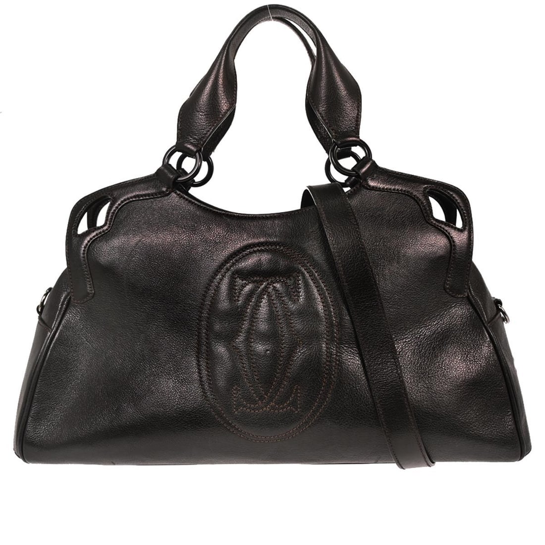 Marcello Black Leather Handbag by Cartier France: Marcello Black Leather Handbag by Cartier France This Cartier Marcello handbag is crafted from black leather and designed for women. It features a spacious interior and classic silhouette. The exterio