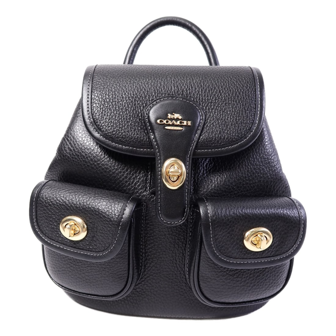 Coach Calfskin Black Rucksack Backpack GHW: Coach Calfskin Black Rucksack Backpack GHW This COACH rucksack backpack is crafted from black calfskin leather, designed for women. The bag features a compact and stylish silhouette, making it suitabl