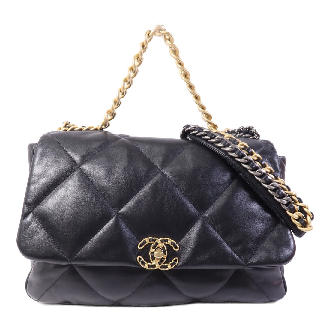 Black Lambskin Chanel 19 Maxi Shoulder Bag with Chain Detail: Black Lambskin Chanel 19 Maxi Shoulder Bag with Chain Detail This Chanel 19 Maxi Chain Shoulder Bag is crafted from luxurious black lambskin leather. Designed as a 2-way shoulder bag, it offers versat