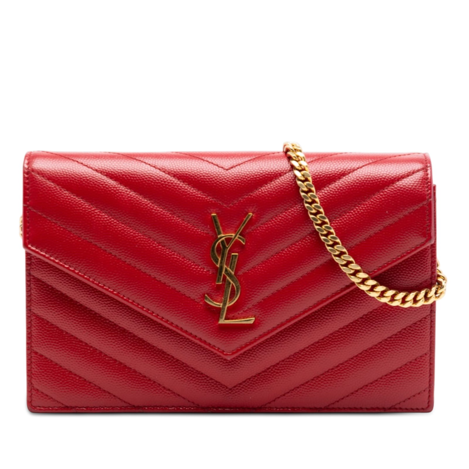 Saint Laurent Envelope Chain Wallet Grain De Poudre Chevron Leather Red: Saint Laurent Envelope Chain Wallet Grain De Poudre Chevron Leather Red This Saint Laurent Grain De Poudre Chevron Monogram Envelope Wallet on Chain is crafted from red leather and features a chevron 
