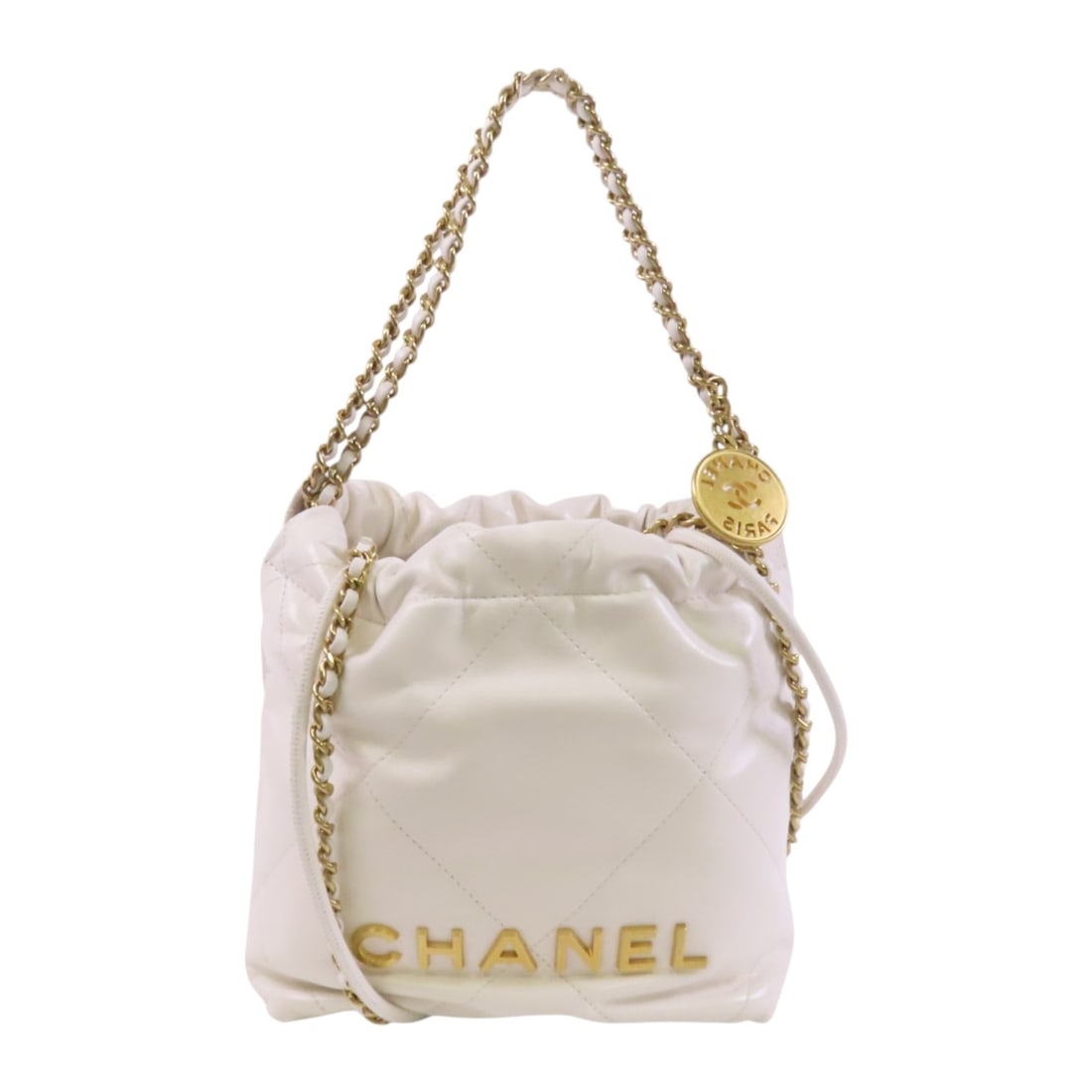 CHANEL Mini 22 Calfskin Leather 2way Shoulder Bag White GHW: CHANEL Mini 22 Calfskin Leather 2way Shoulder Bag White GHW Elevate your style with this exquisite CHANEL Mini 22 Chain Hand Shoulder Bag, crafted from luxurious calfskin leather in a pristine white h
