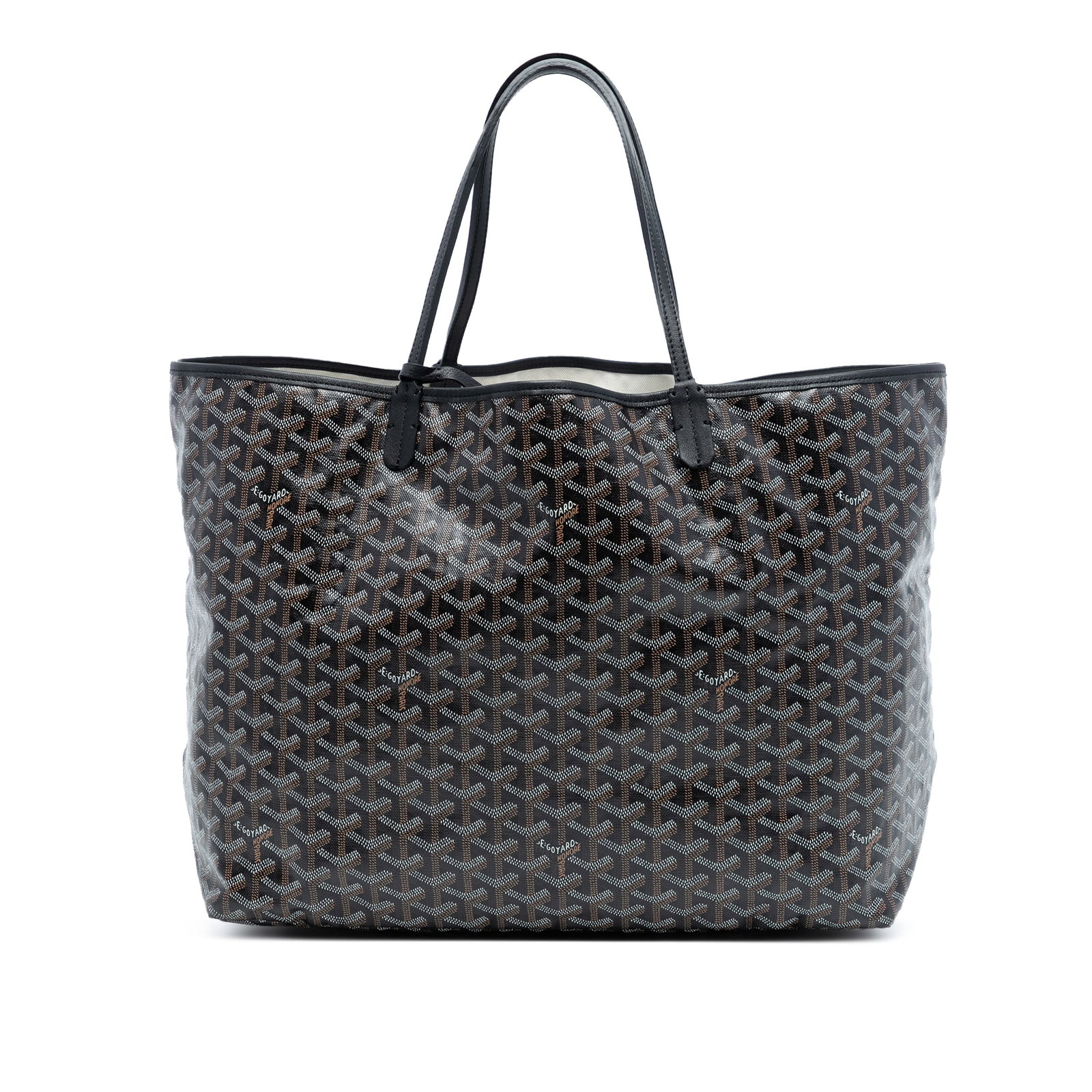 Goyard Saint Louis GM Black Tote with Pouch Inclusion: Goyard Saint Louis GM Black Tote with Pouch Inclusion This Goyardine Saint Louis GM features a coated canvas body with leather trim, flat leather handles, an open top, and includes a pouch. The bag is