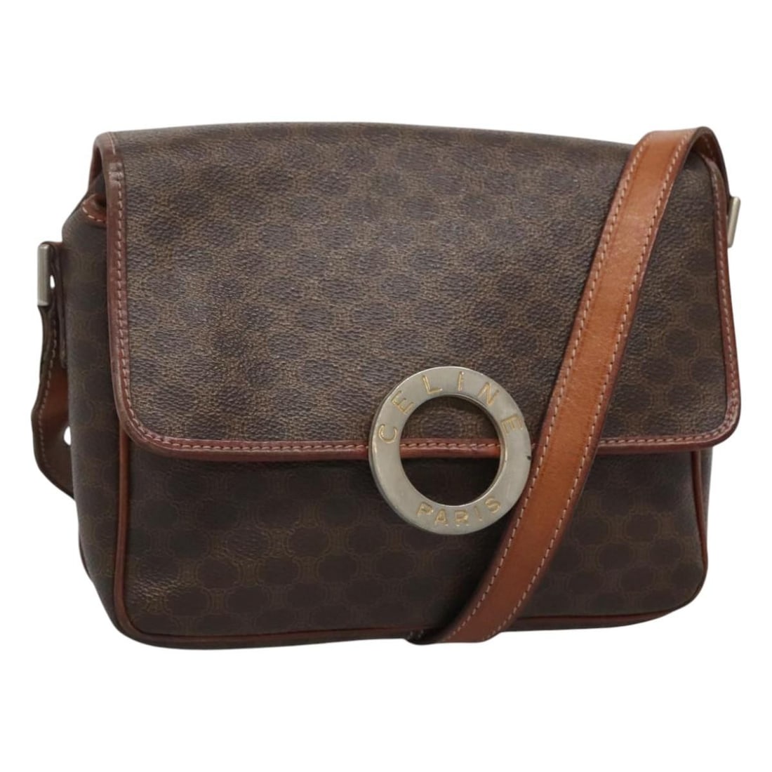 Celine Macadam Circle Logo Brown Canvas Shoulder Bag with Leather Trim: Celine Macadam Circle Logo Brown Canvas Shoulder Bag with Leather Trim This Celine Vintage Macadam Circle Logo Shoulder Bag is crafted from brown canvas with leather accents and features the iconic ci