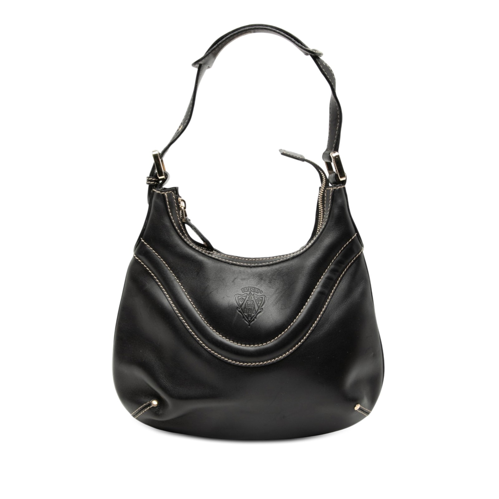 Black Leather Hysteria Crest Shoulder Purse by Gucci: Black Leather Hysteria Crest Shoulder Purse by Gucci This Gucci Hysteria Crest shoulder bag is crafted from black leather and features a flat leather shoulder strap, top zip closure, and both interior