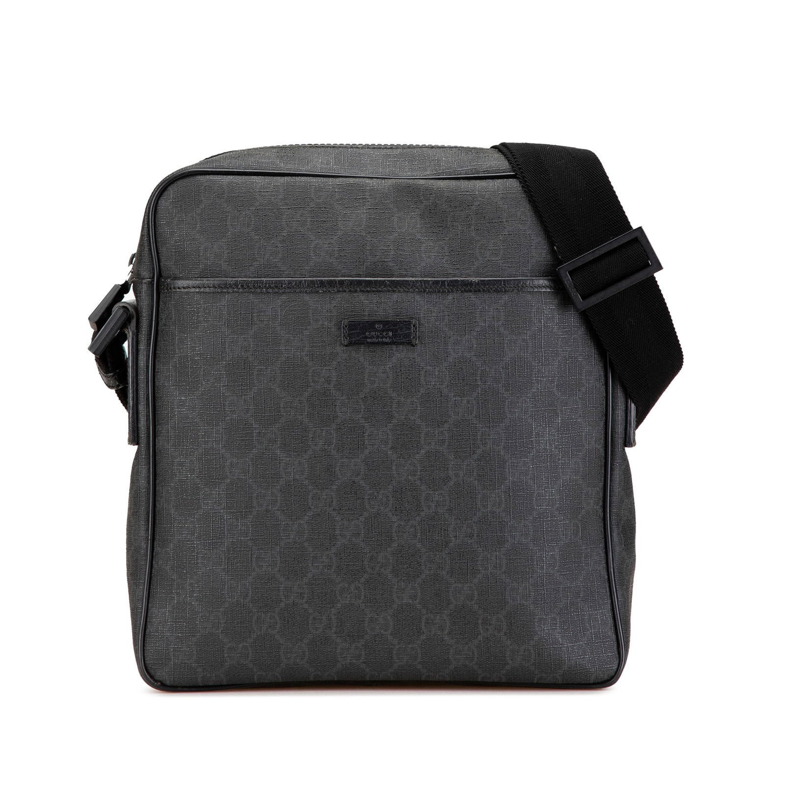 Gucci GG Supreme Black Coated Canvas Crossbody Bag with Leather Trim: Gucci GG Supreme Black Coated Canvas Crossbody Bag with Leather Trim This Gucci GG Supreme Crossbody bag features a coated canvas body with leather trim. It is designed with an adjustable flat shoulde