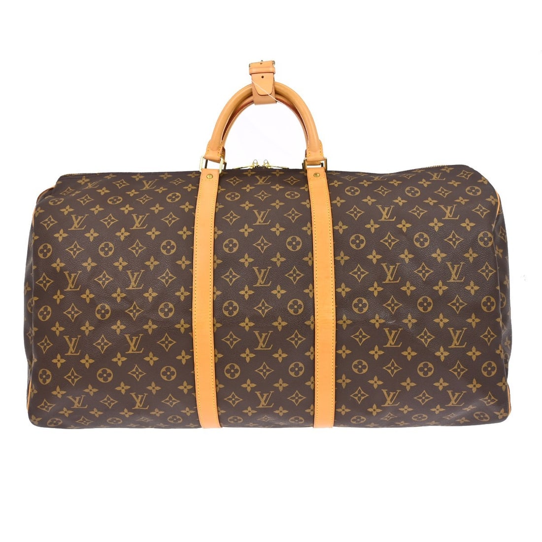 Louis Vuitton Keepall 60 Monogram Canvas XL Travel Duffle Bag M41422: Louis Vuitton Keepall 60 Monogram Canvas XL Travel Duffle Bag M41422 This is a vintage Louis Vuitton Keepall 60 duffle handbag crafted from the iconic monogram canvas leather with beige leather double