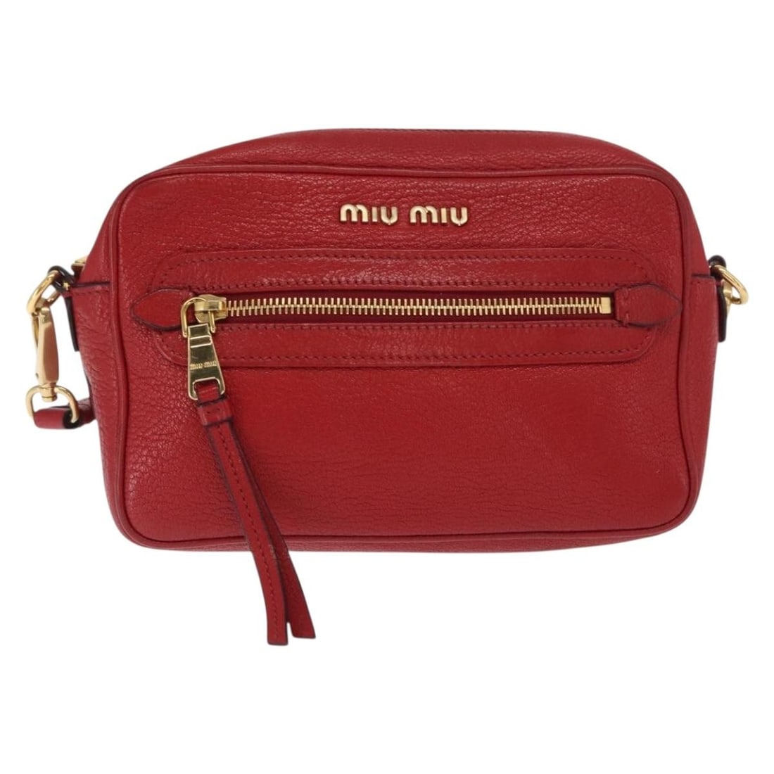 Miu Miu Leather Madras Crossbody Bag with Zip Pocket in Red: Miu Miu Leather Madras Crossbody Bag with Zip Pocket in Red This Miu Miu Madras Zip Pocket Crossbody is crafted from red leather designed for women. It features multiple compartments with zip pockets 