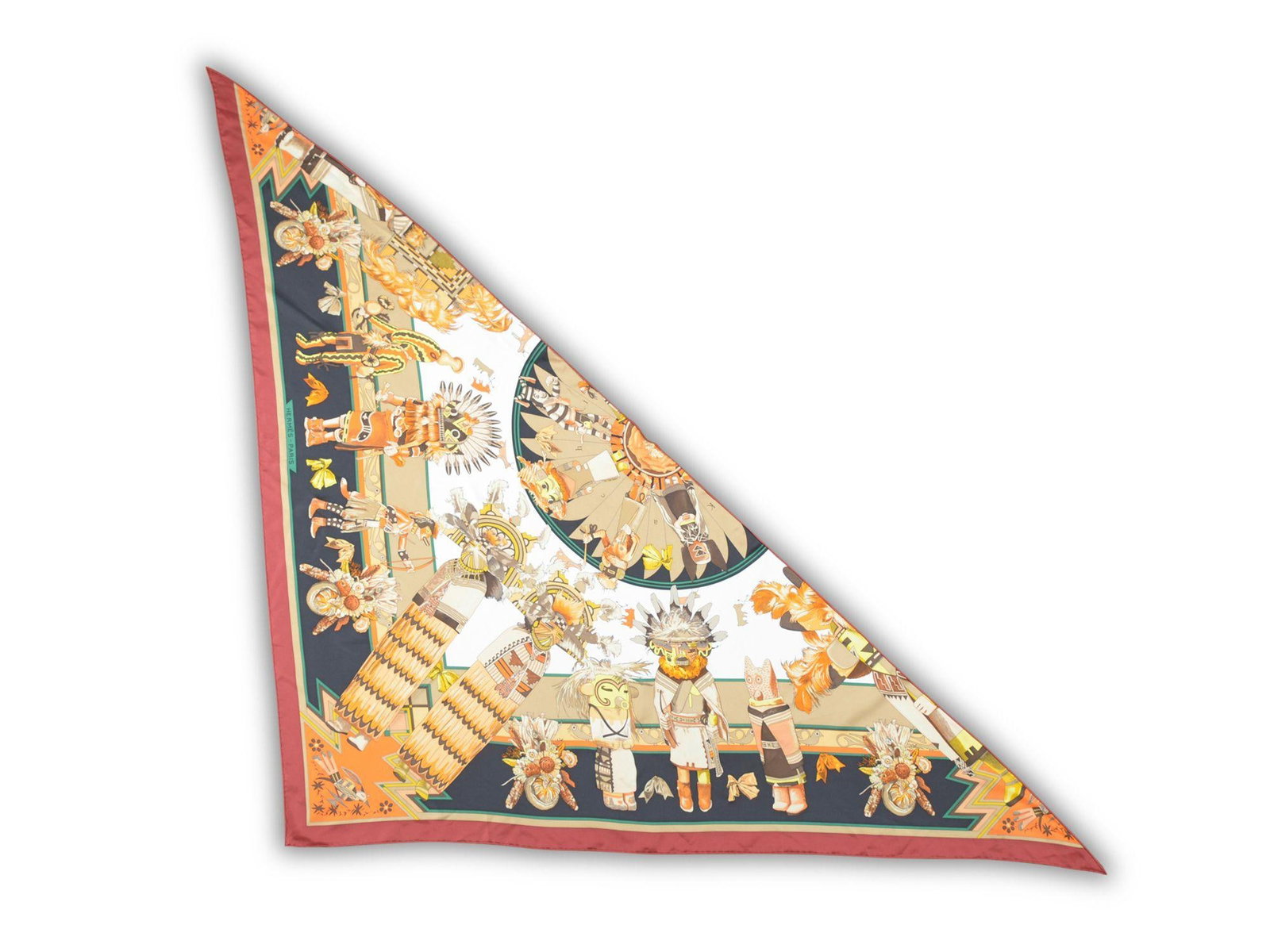 Hermes Kachinas Triangle Scarf by Kermit Oliver with Box: Hermes Kachinas Triangle Scarf by Kermit Oliver with Box This Hermes "Kachinas" Giant Triangle scarf features vibrant illustrations of Kachina dolls and dancers, designed by Kermit Oliver. This highly