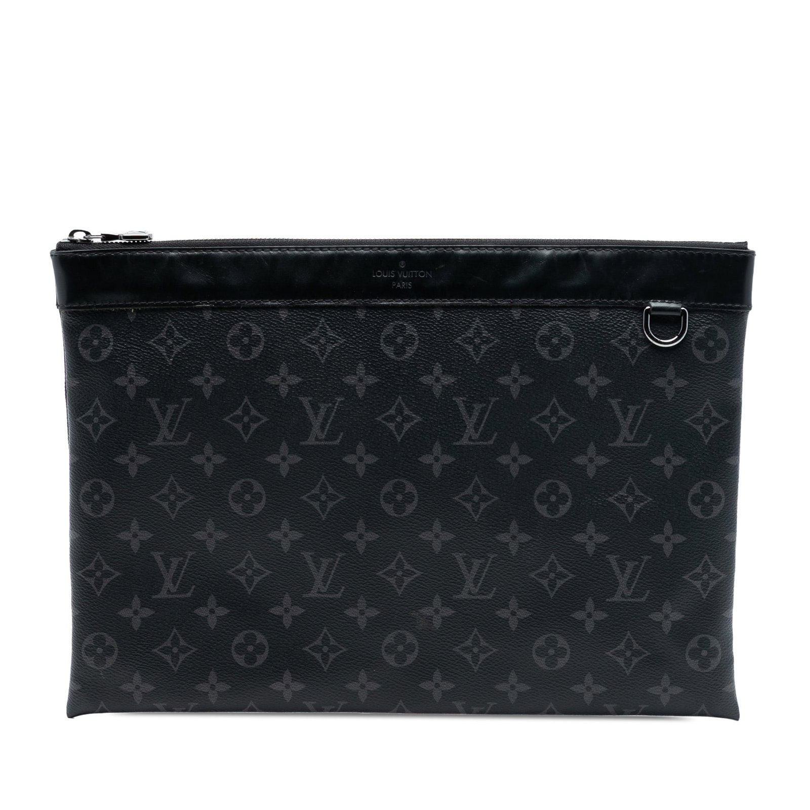 Louis Vuitton Discovery GM Black Monogram Eclipse Pouch with Leather Trim: Louis Vuitton Discovery GM Black Monogram Eclipse Pouch with Leather Trim This Louis Vuitton Monogram Eclipse Discovery Pochette GM features the signature monogram eclipse canvas with leather trim. It