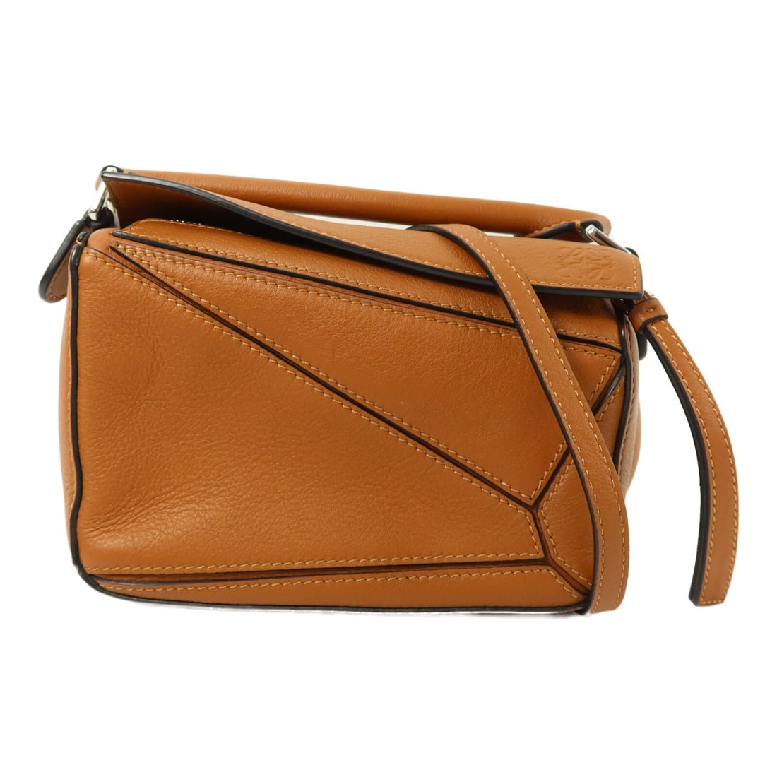 LOEWE Mini Puzzle Brown Calfskin 2 Way Shoulder Bag: LOEWE Mini Puzzle Brown Calfskin 2 Way Shoulder Bag This LOEWE Mini Puzzle 2 Way Shoulder Bag is crafted from high-quality calfskin leather in a rich brown color. Designed for versatility, it can be c