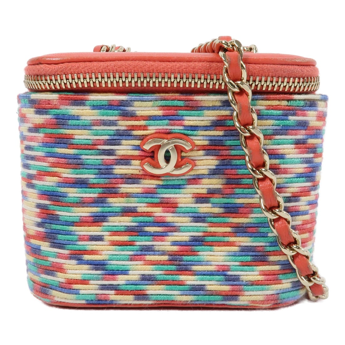 Chanel Mini Vanity Shoulder Bag Multicolor Embroidered Thread with CC Gold Hardware: Chanel Mini Vanity Shoulder Bag Multicolor Embroidered Thread with CC Gold Hardware This CHANEL mini vanity case features the iconic CC logo with gold hardware and embroidered multicolor thread detail