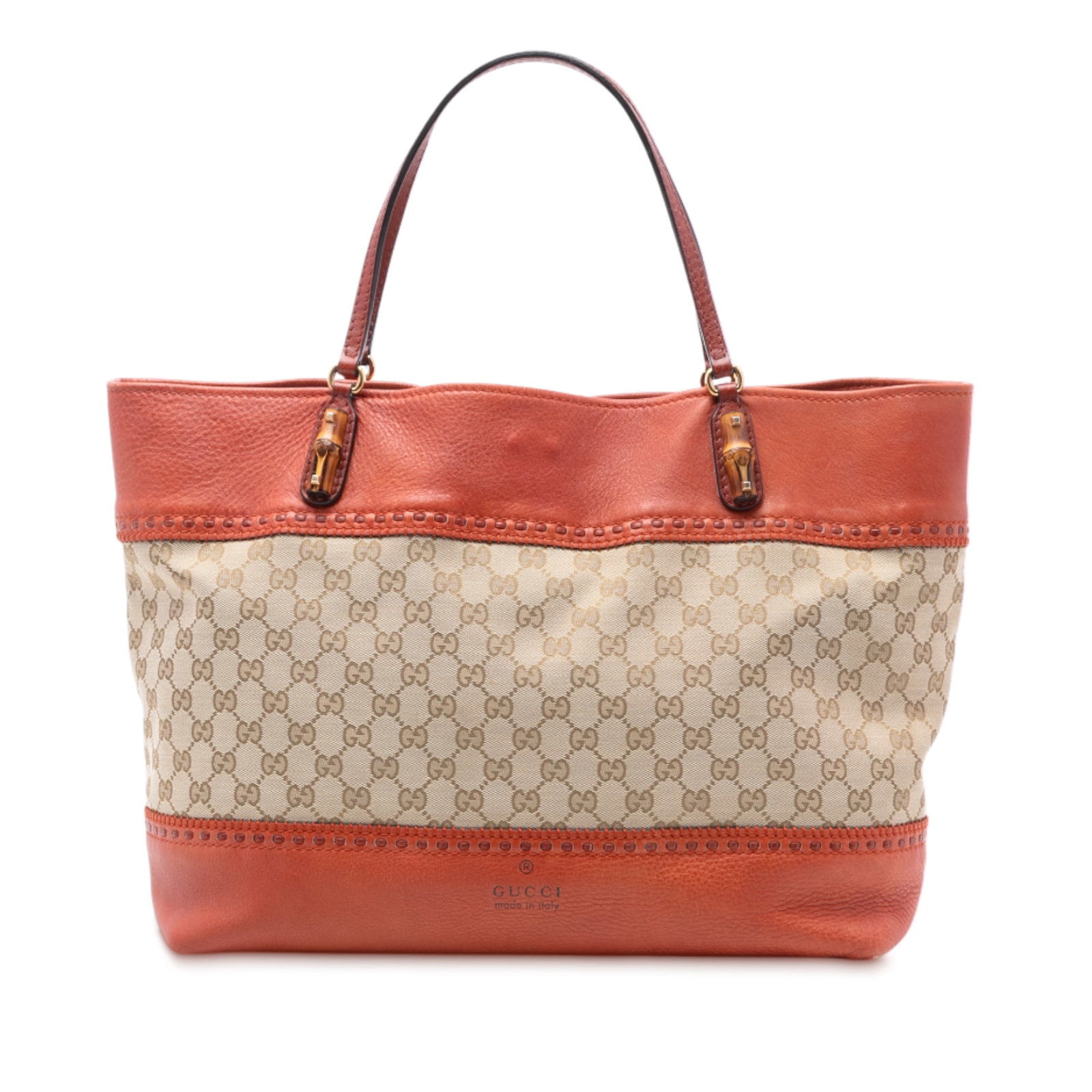 Gucci Crafty Tote Bag Large GG Canvas With Leather Trim: Gucci Crafty Tote Bag Large GG Canvas With Leather Trim This Gucci Large GG Canvas Laidback Crafty Tote features a beige canvas body accented with leather trim and flat leather straps. The open top is